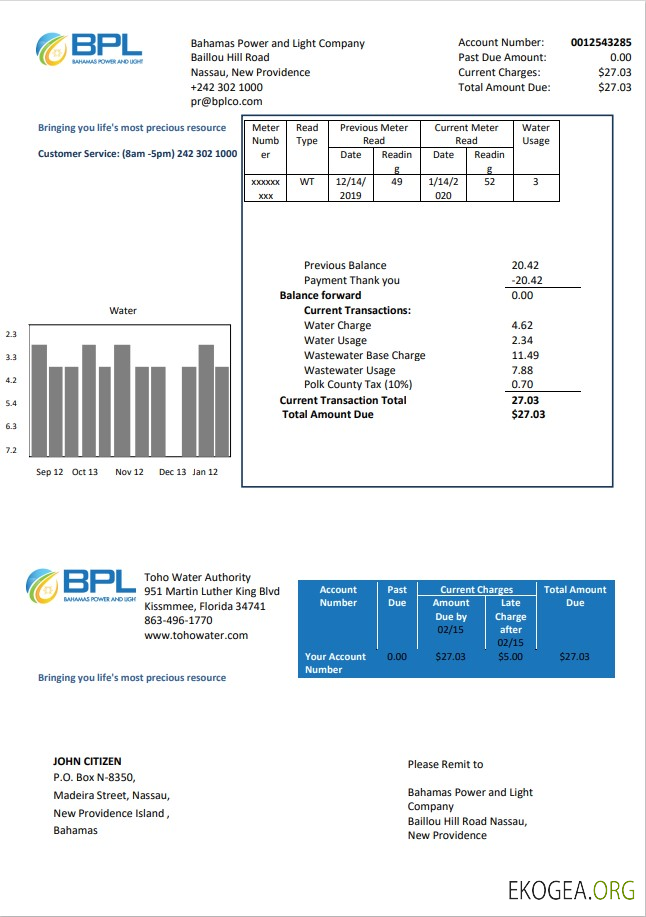 Bahamas Power and Light Company utility bill template in Word and PDF format